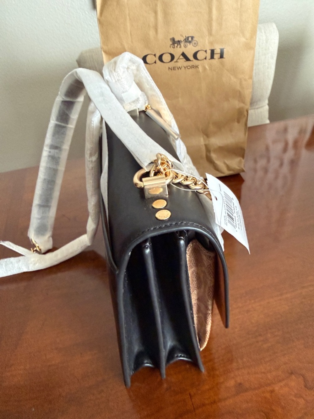 COACH Klare Black and Brown Signature-Trim Chain Crossbody NWT - Picture 14 of 15